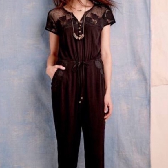 Anthropologie Crinkle Gauze Jumpsuit with Floral Appliqué and Mesh by Lilka
XS - Picture 2 of 16